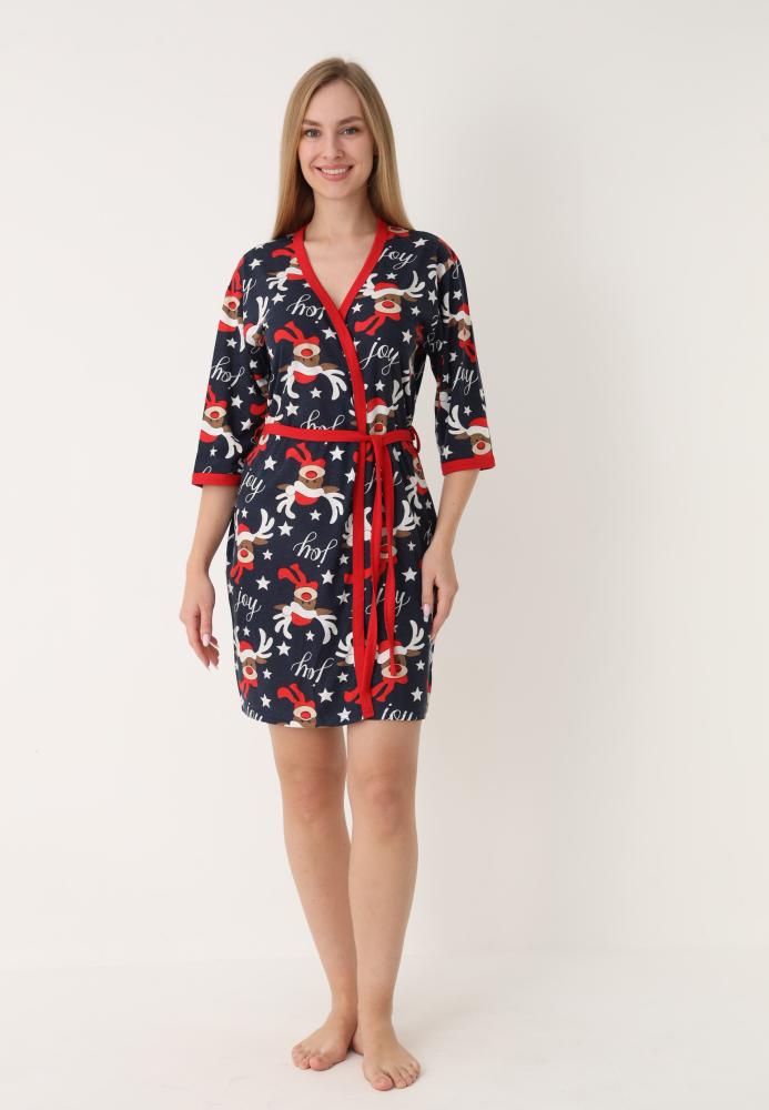 Halat dama Craciun,maneci 3/4,imprimeu reni ,culoare bleumarin ,En-gros